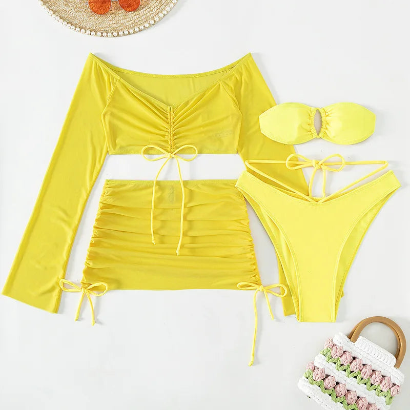 NEW Arrivals 4PCS Set - 4 Colors Women Girls Sexy Sheer Bikini Set, Bandeau Bra, High Cut Bottom, Drawstring Cover Up Top, Skirt, Summer Water Pool Beach Bathing Suit Female Ladies Summer Swimwear Swimsuit Fashion Apparel Sup