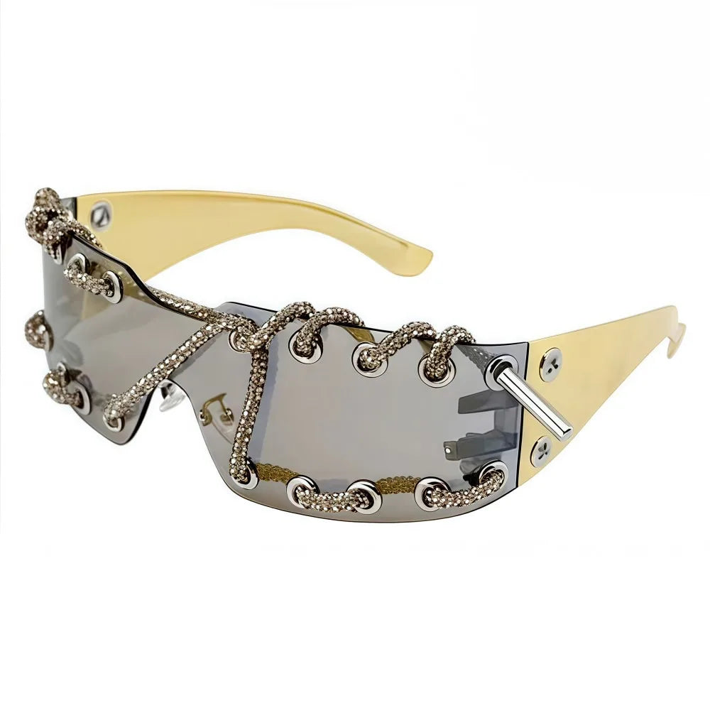 Rhinestones Chain Sunglasses Retro Cool Trendy Sunglasses UV Protective Lightweight Streetwear Party Shades For Women Men