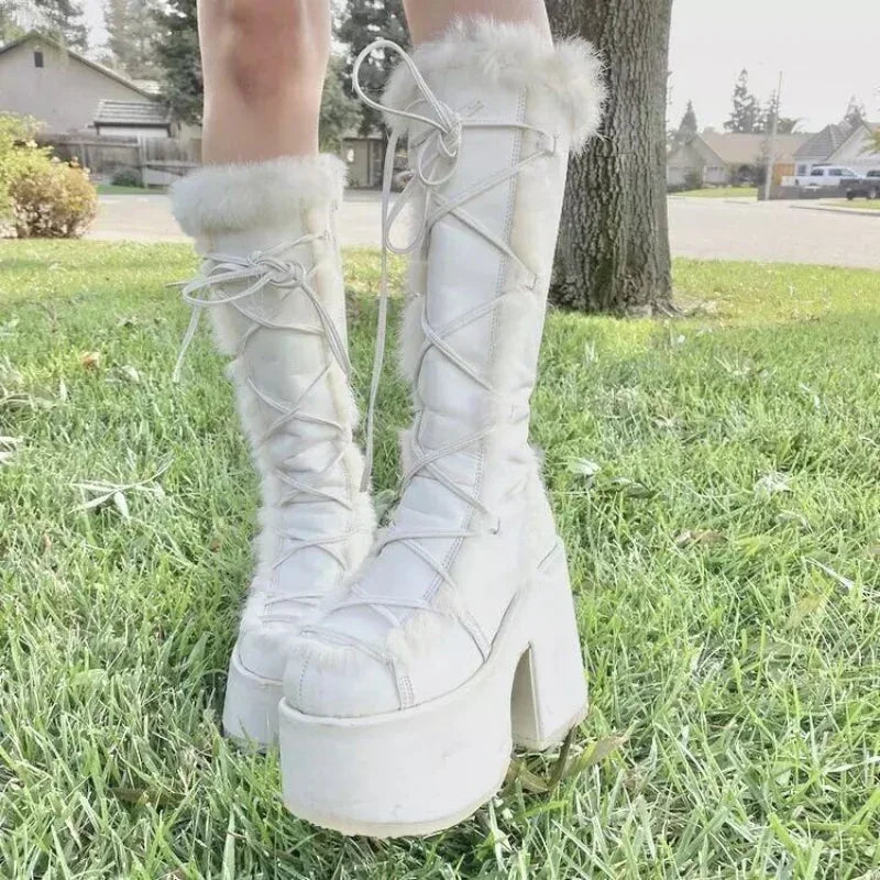 New Arrivals Winter Women Snow Boots Platform Wedge High Heel Rabbit Fur Lady Shoes Female Plush Warm Non-Slip Mid Calf Boots Goth Shoes Girls Footwear Supplies