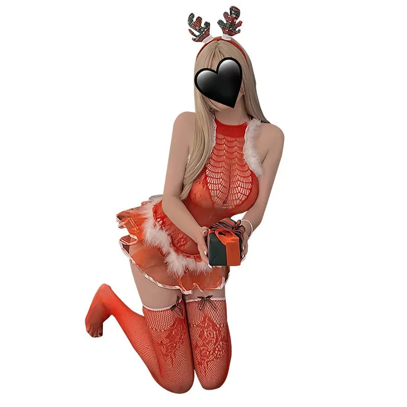 NEW Arrivals Sexy Christmas Uniform Bodysuit See Through Net Dress Plush Role Play Christmas Deer Character Interactive Adult Toy New Year Porn Party Suit