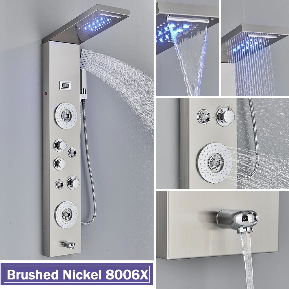 Silver Nickel and Black Color Luxury Massage Spa Shower Column LED Lights Rainfall Bathroom Faucet with Massage Jet Bath Panel System  5 Modes Waterfall Hot Cold Mixer Tap Home Hotels Bathroom Supplies