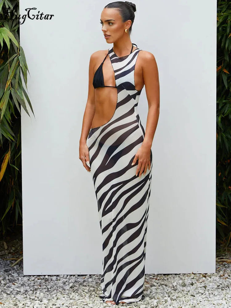 Mesh Sleeveless Striped Print Matching Color Hollow Out Sexy Maxi Dress Irregular Summer Women Beach Festival Outfit