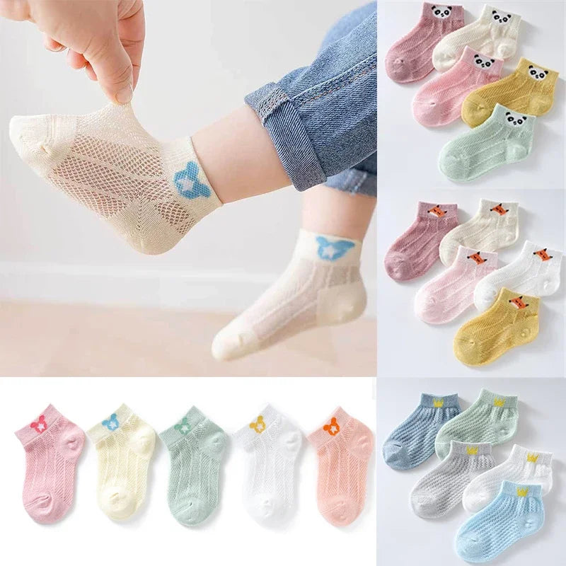 5 Pairs Set 0-12Y Summer Cotton Newborn Kids Socks Cute Cartoon Thin Mesh Baby Short Socks Dinosaur Bear Children Socks for Boys Girls Apparel Accessories