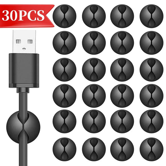 NEW Arrivals 30PCS Set White/Black Color Self-Adhesive Wire Fixer Cable Organizers Cable Holder Silicone Data Lines Desktop Management Compatible Clips Stickers HOME Office