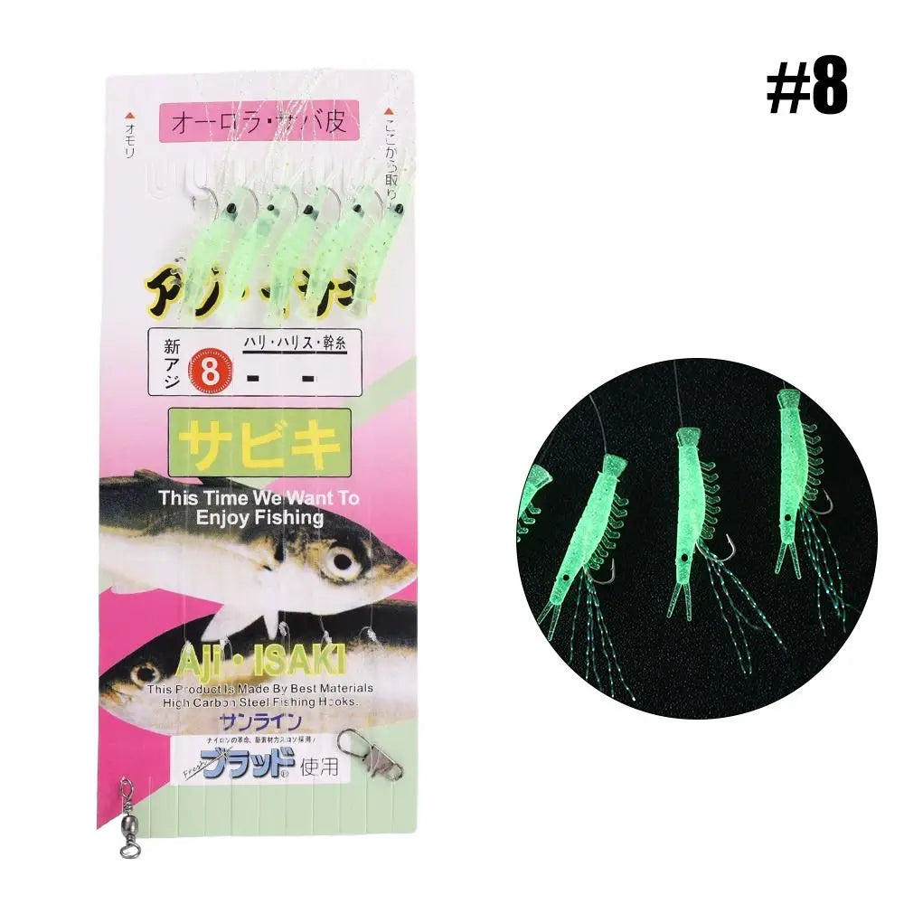 Anti-Winding Glowing String Hook Luminous Soft Shrimp Fishing Hook Mackerel Feathers Night Fishing Simulated Fish Skin String Hook Soft Bait For Lake River Sea Boat Fishing Accessories