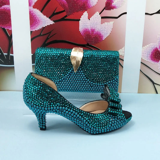 New Arrival Teal Luxury Blue Crystal Women Wedding Shoes Set with Matching Bags Peep Toe High Heels Pumps Open Toe Shoes and Purse Evening Party  Night Business Dinner Apparel Accessories Ladies Luxury Fashion Clothing Suppl