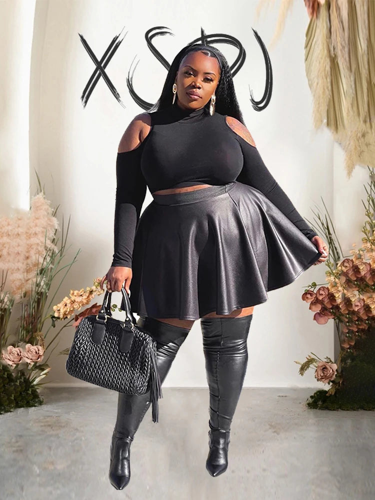 L-5XL Plus Size Elegant Leather Skirts for Curvy Women and Big Girls Summer Streetwear Leather Skirt Sexy A-Line Flare Ladies Black Skirt Evening Party Night Clubwear