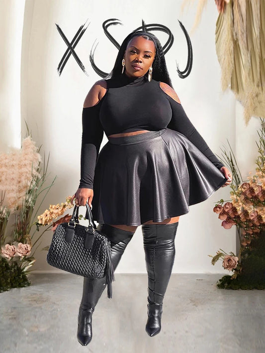 L-5XL Plus Size Elegant Leather Skirts for Curvy Women and Big Girls Summer Streetwear Leather Skirt Sexy A-Line Flare Ladies Black Skirt Evening Party Night Clubwear