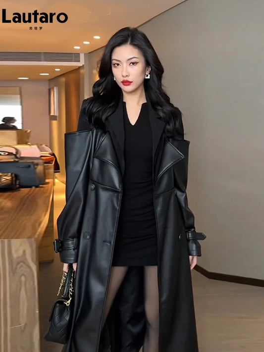 White and Black Color S-2XL Size  Autumn Long Black Patchwork PU Leather Trench Coat for Women Double Breasted Loose Stylish Luxury Designer Clothing