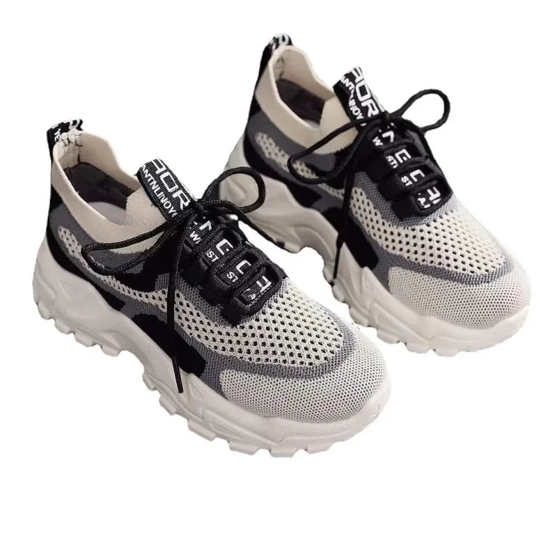 High Quality New Fly Woven Mesh Casual Breathable Sneakers Style Thick-Soled Shoes Mesh Red Shoes Light Running Shoes