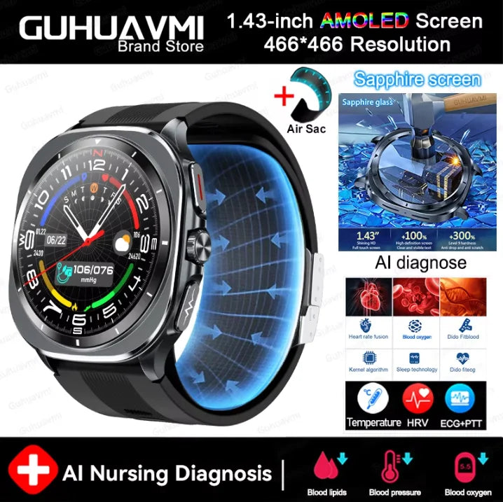 New Health Track Smartwatch NFC Air Pump Airbag Lipids ECG+PPG Uric acid Health BT Call Measure Health Smartwatch Men Women Sports Health Care Supplies
