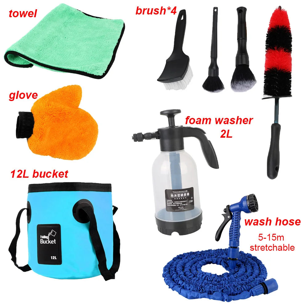 Motorcycle Care Set Detailing Brushes Towel Wash Gloves Foam Washer Bucket Hose Extension Tire Rim Cleaning Tool Car Accessories