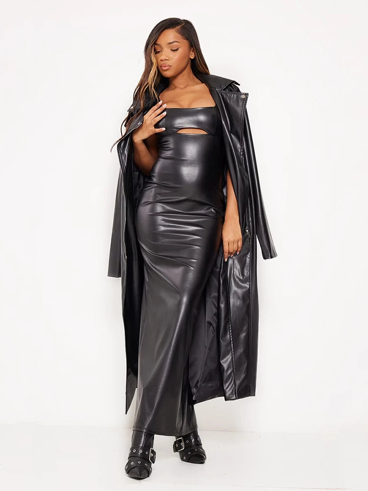 New S-3XL Plus Size Luxury High Quality Women Elegant Matte Leather Maxi Dress Evening Night Clubwear Party Vintage Stretch PU Slim Tank Dress Front Hollow Out Long Dress Hem Split Female Ladies Luxury Fashion Clothing Suppli