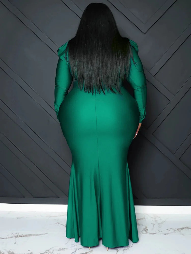 L-5XL Plus Size Black/Red/Blue/Green Evening Party Luxury Dresses Curvy BBW Women V-Neck Long Sleeve Full Length Bodycon Elegant Evening Maxi Dress