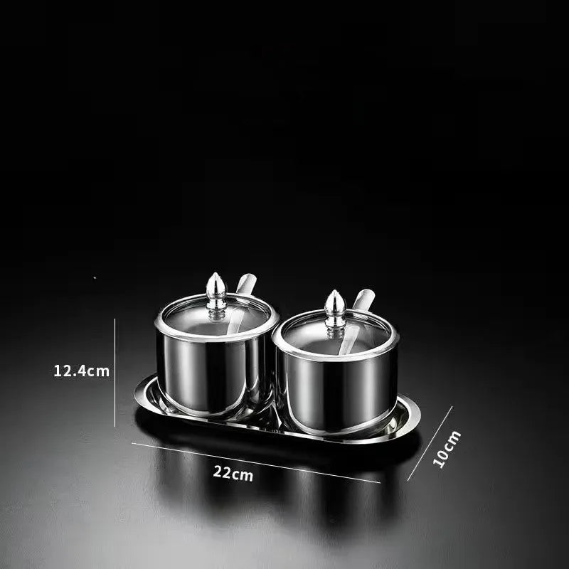 NEW Arrivals 2/3/4 Sets Luxury Golden 304 Seasoning Box Bottle Glass Pot Cap with Spoon Flavoring, Holder Rack Tank Sauce Spice Jar Salt Soy Storage Box Kitchenware Preparing Cooking Tools