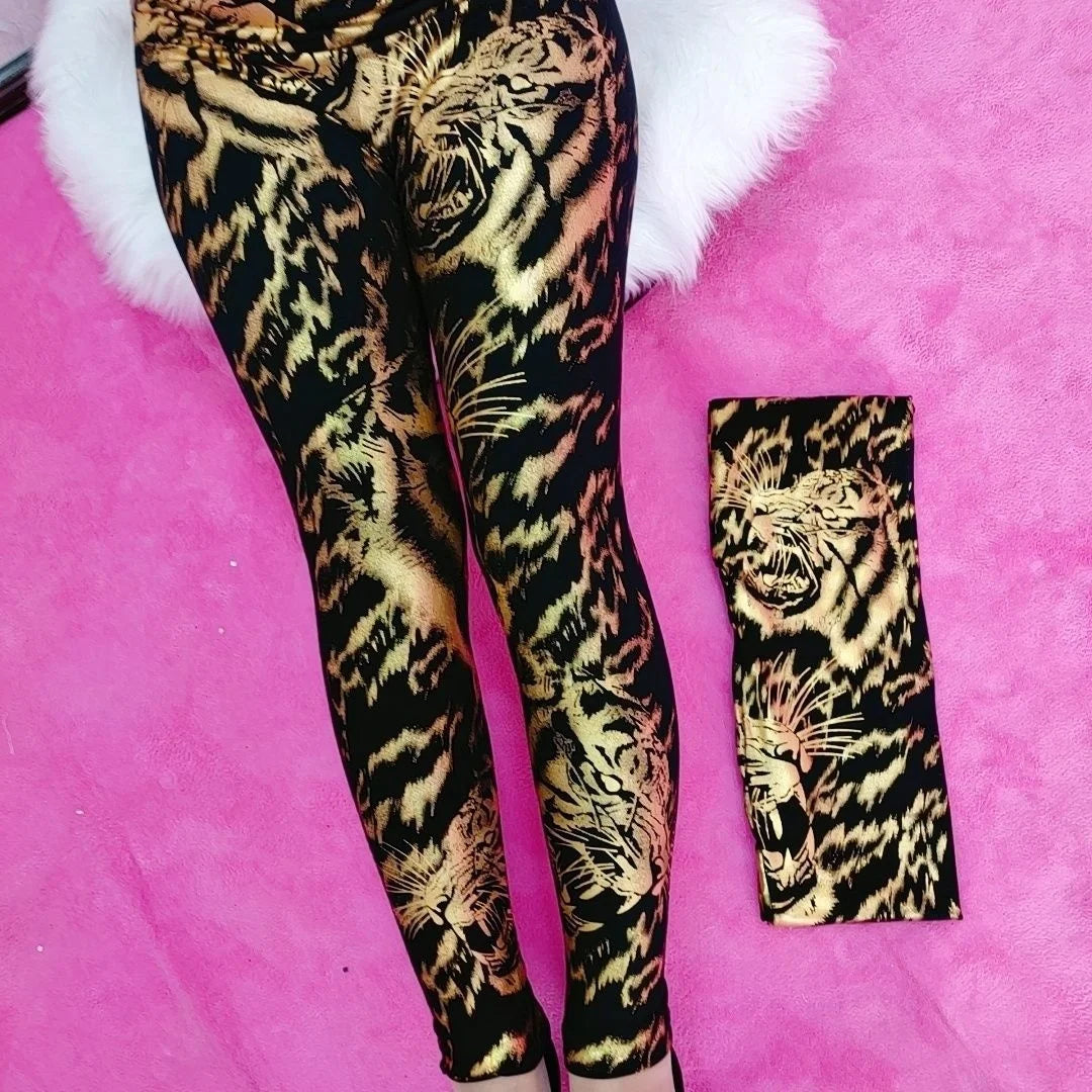 Summer Spring Black Gold Tiger Thin Sequin Women's Leggings Pants High Waist Plus Size Pencil Trousers