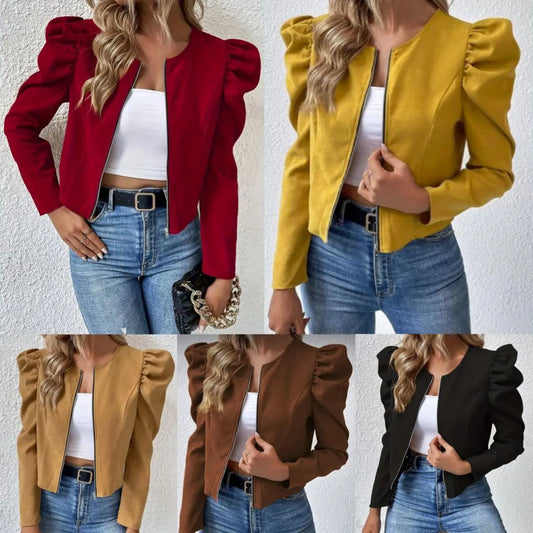 S-3XL UK Plus Size 8 Colors New Spring Autumn European American Solid Color Round Neck Zipper Puff Long Sleeve Jacket for Women
