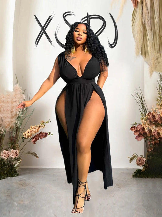 For Curvy Ladies L-5XL Plus Size Long Elegant Evening Dress Party High Slit Sexy and Daring Dresses Women Tight Black Dress
