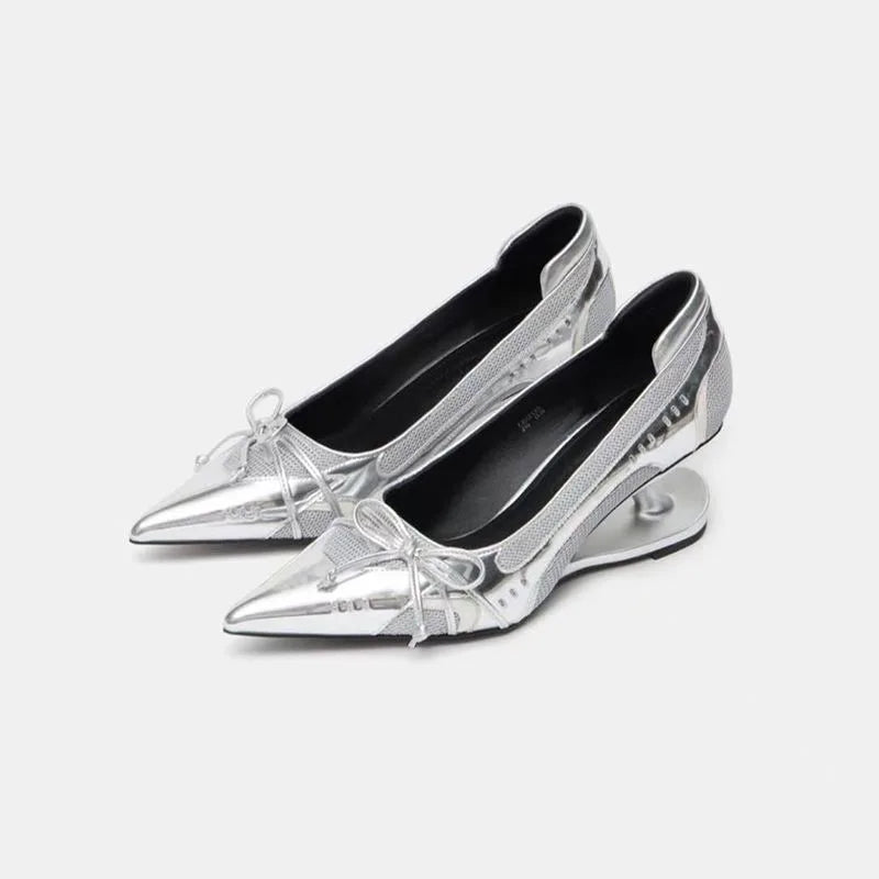 3 Colors New Style Special Heel Spliced Heels Pointed Toe Heels Women's Fashion Shallow Mouth Bow Non-Slip Mary Jane Single Shoes Large 42