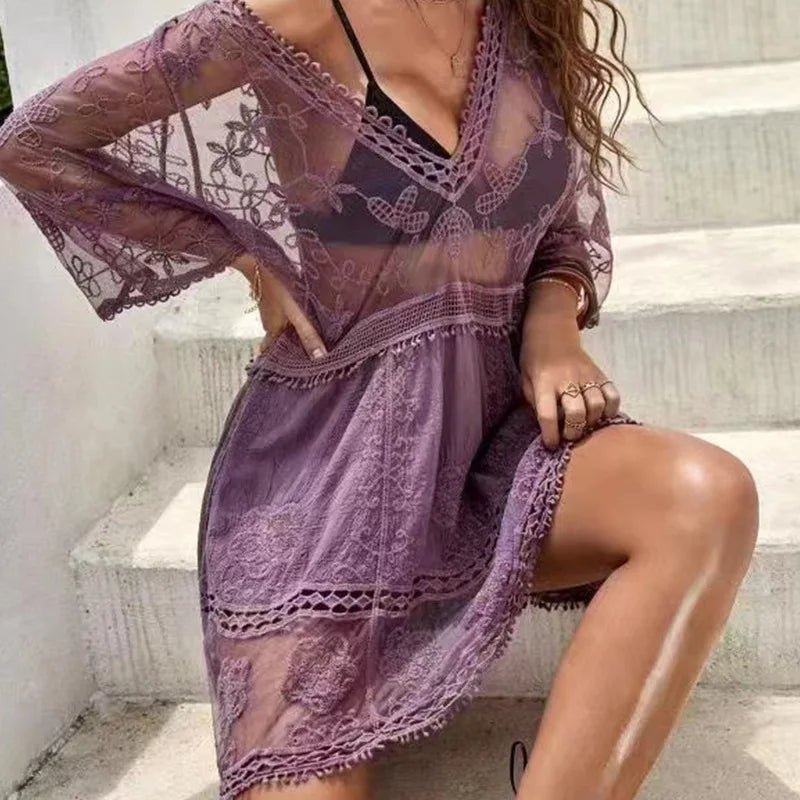 Swimsuits Woman 2023 Sexy Beach Cover Up V-neck Women Beach Tunic Dress Sarong Bikini Cover Up Crochet Top For Women Beachwear