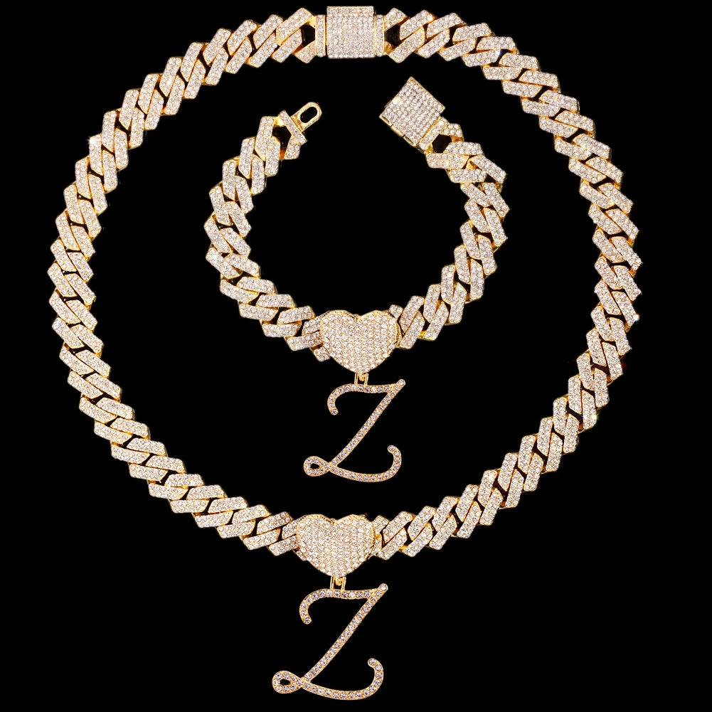 2 PCS Set New Fashion A-Z Initial Cursive Letter Luxury Rhinestones Pendant Cuban Necklace for Women Iced Out Cuban Link Chain Necklace Set Jewelry