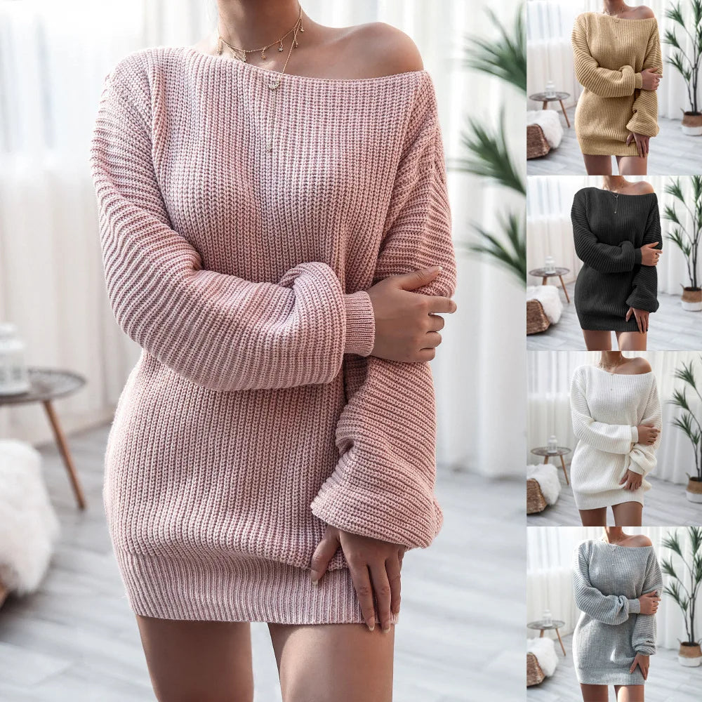 NEW Arrivals UK Size 6 Colors Autumn Winter Women Knitted Dresses Fashion Leisure Warm Sweater Ladies Dress Off The Shoulder Lantern Sleeves Mini Dress
