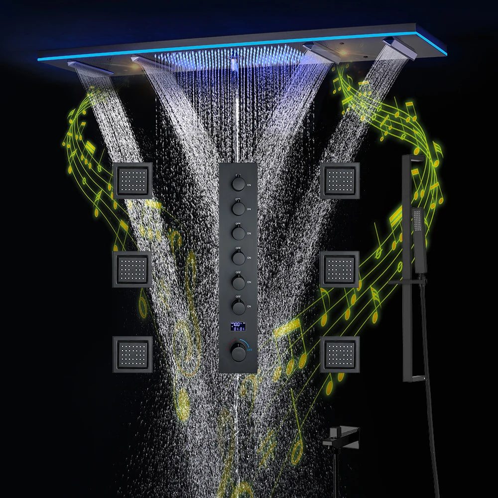 NEW Luxury Shower for Home Villa Hotels M47*12 Inch LED Lighting Large Black Shower Head Rainfall Bathroom Faucet Hot Cold + Music Shower System Set Smart Device Showers Mixer