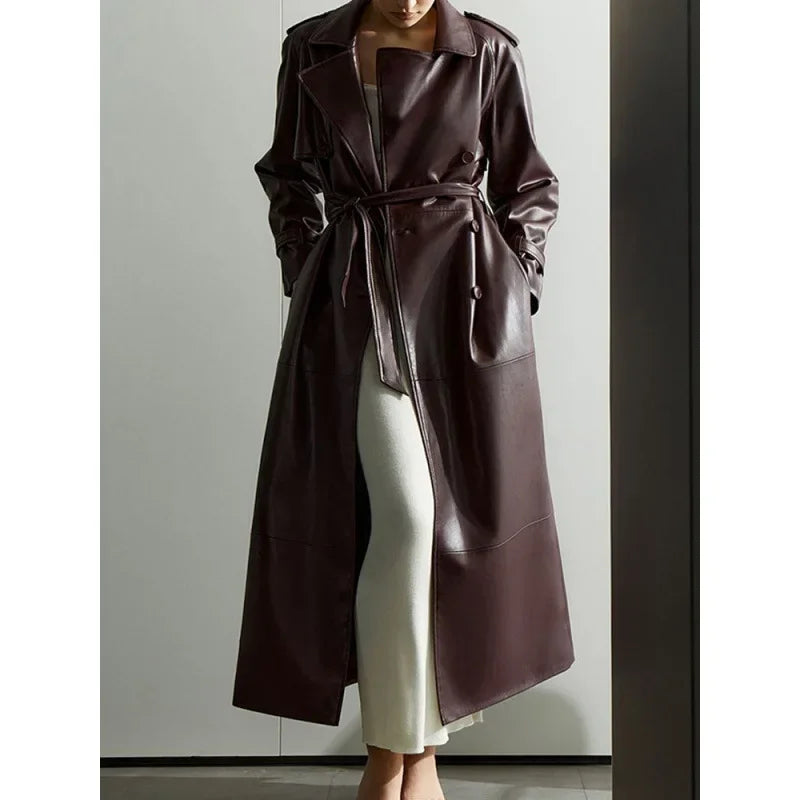 NEW Arrivals Autumn Winter Burgundy Lace Up Matte Leather Jackets Women Fashion Lapel Button Full Sleeve Long Coats New Street Outerwear Ladies Luxury Fashion Clothing Supplies