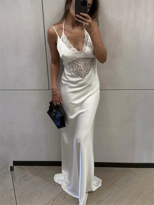 NEW Black/White Color Sexy Lace Hollow Out Maxi Dress Female Backless Spaghetti Slim V-Neck Hollow Out Commute Dress Summer Halter Dresses