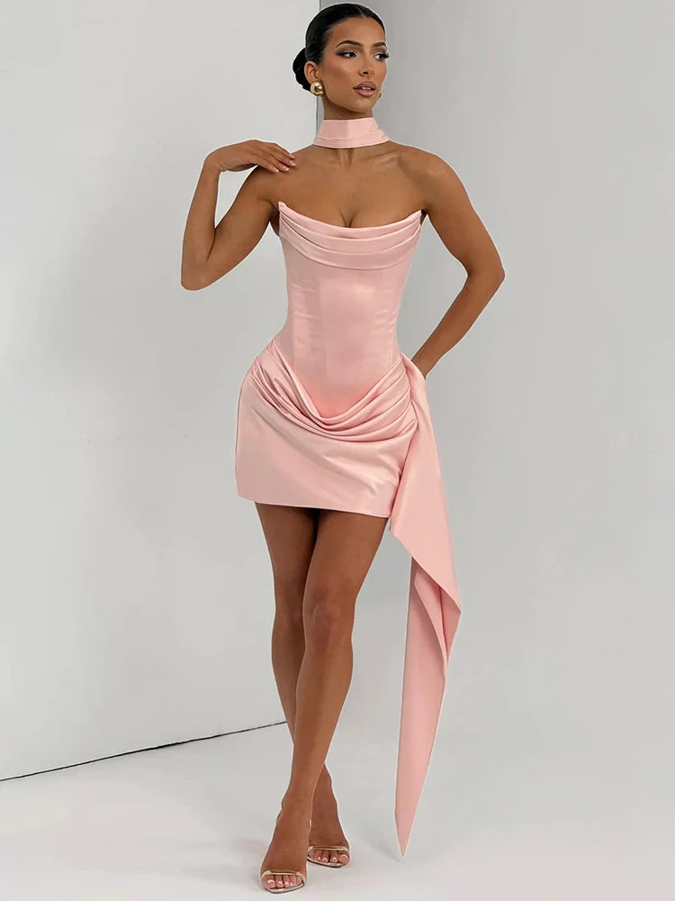 Pink/White Color UK Size Off Shoulder Strapless Sexy Mini Dress Women Elegant Sleeveless Backless High Waist Draped Ruched Club Party Dresses