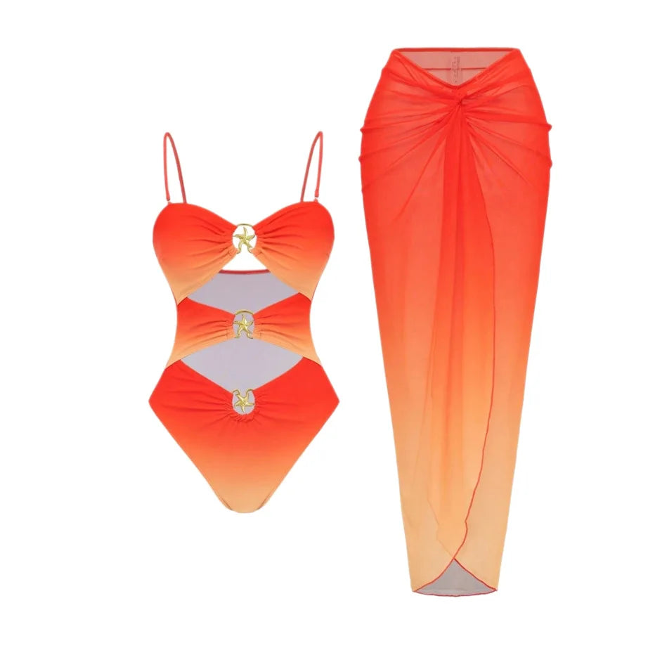 2 PCS Set 3 Colors Sexy Swimsuit Women's Bathing Suit Strap Net Skirt Integrated Swimwear with Skirt Cross-Border Summer Beach Swimsuit Apparel Sets