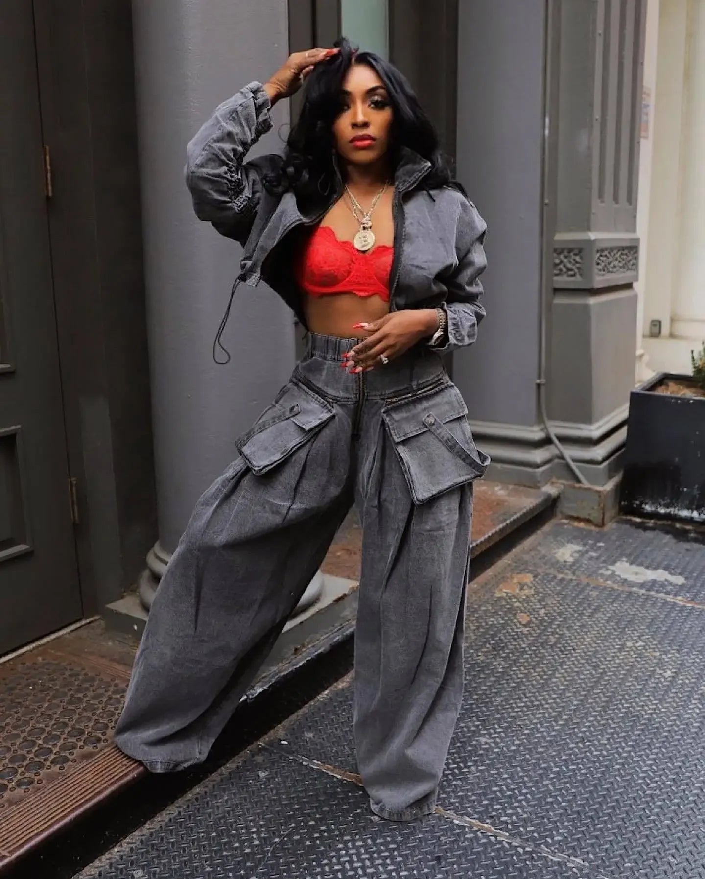 Fashion Retro Women's Casual Wide Leg Loose Heavy Duty Denim two-piece set for women two piece set women sexy club  zevity