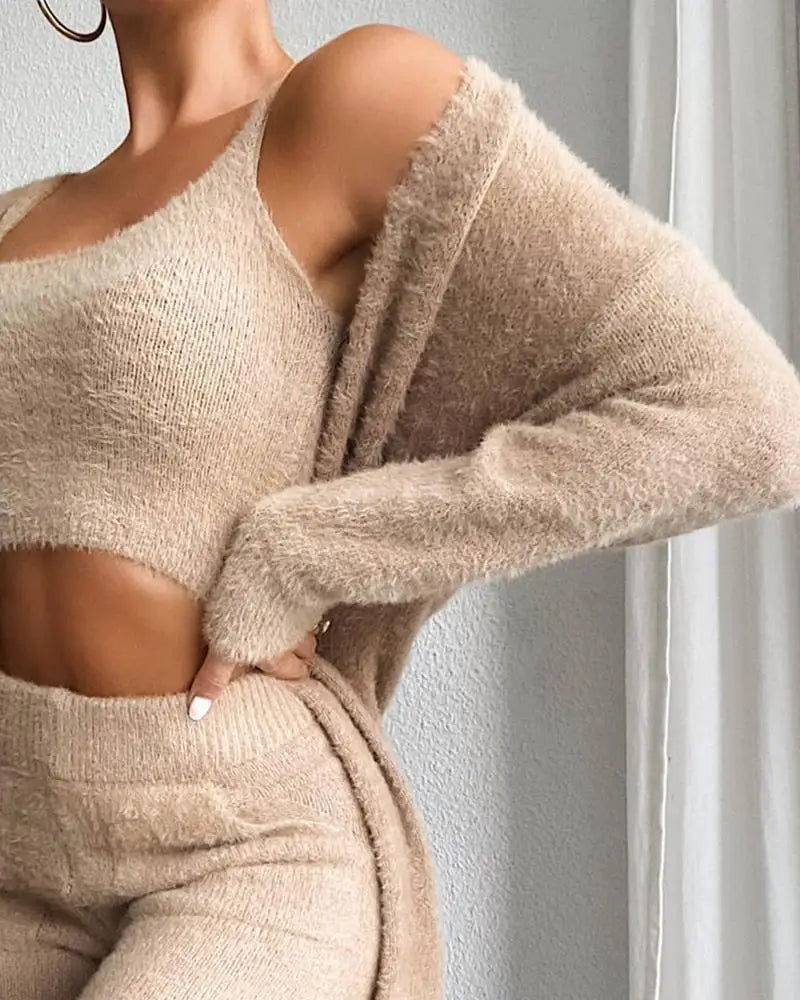 NEW Arrivals 3PCS Set 5 Colors Autumn Winter Knitted Plush Comfortable Women's Suit Sexy V-Neck Short Crop Top Cardigan Sweater Trousers/Tops/Jacket Ladies Girls Home Wear Apparel Supplies