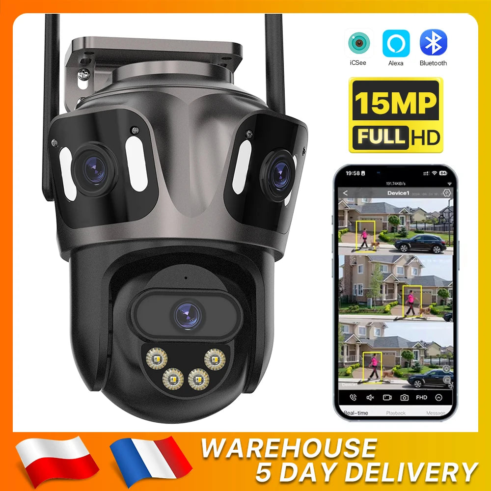NEW 15MP HD 3 Screen WI-FI IP 2 Ways Voice Intercom Camera Outdoor 4K Dual Lens Camera Ai Human Detection Waterproof CCTV Video Security Camera Home Office Factory Security Systems