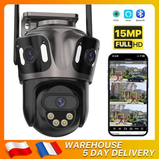 NEW 15MP HD 3 Screen WI-FI IP 2 Ways Voice Intercom Camera Outdoor 4K Dual Lens Camera Ai Human Detection Waterproof CCTV Video Security Camera Home Office Factory Security Systems
