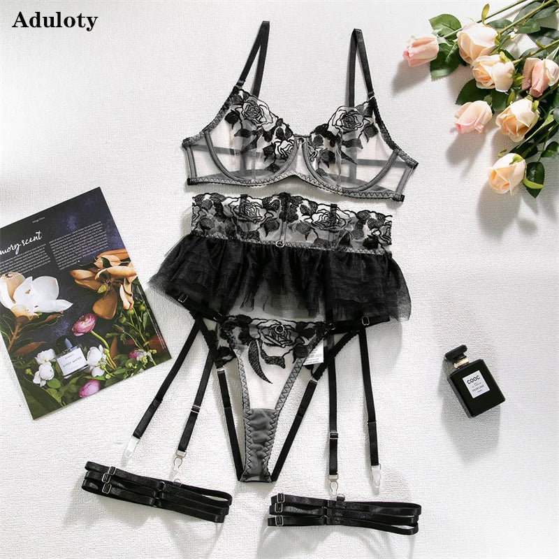 Women's Sexy Underwear Black Flower Lace Embroidered Skirt Four-Piece Mesh Thin Erotic Lingerie Seductive Bra Set