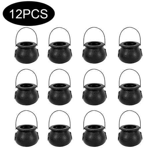 12PCS Set Halloween Scull-Jars Cauldron Decoration,Mini Black Plastic Witches Cauldron,Halloween Candy Basket,Trick Or Treat Bucket