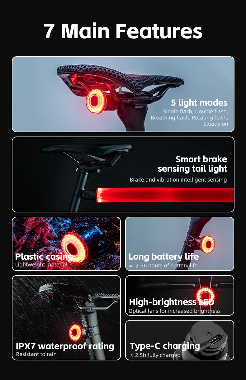Smart Bike Tail Light Bicycle Rear Lights IPX6 Waterproof Bike Lights for Night Riding with Type C Rechargeable Bicycle Accessories