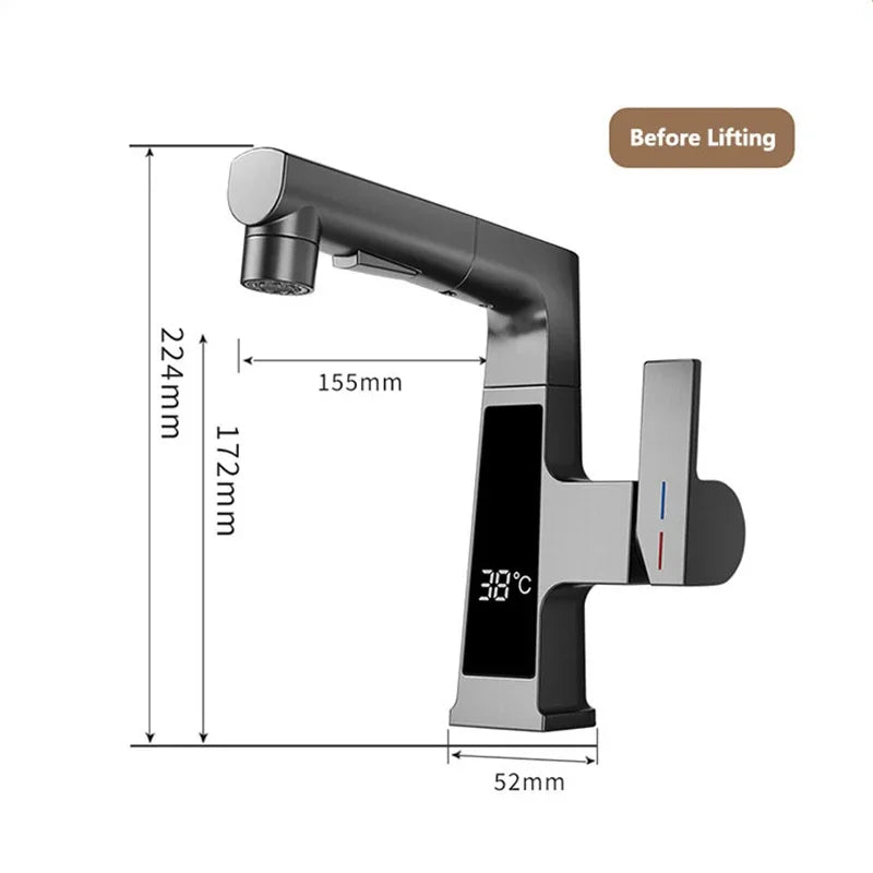 NEW Digital Display Pulling Faucet with Washing Gun Intelligent Temperature Sensor Brass Washbasin Taps Rotating Lifting Cold and Hot Water Mixer Tap Home Bathroom Kitchen Accessories
