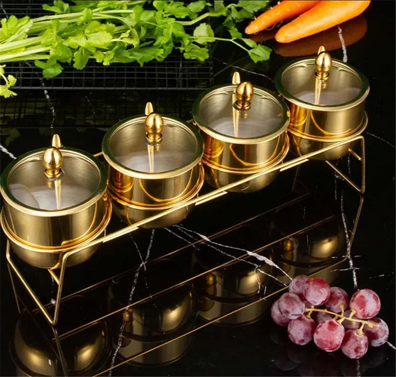 NEW Arrivals 2/3/4 Sets Luxury Golden 304 Seasoning Box Bottle Glass Pot Cap with Spoon Flavoring, Holder Rack Tank Sauce Spice Jar Salt Soy Storage Box Kitchenware Preparing Cooking Tools