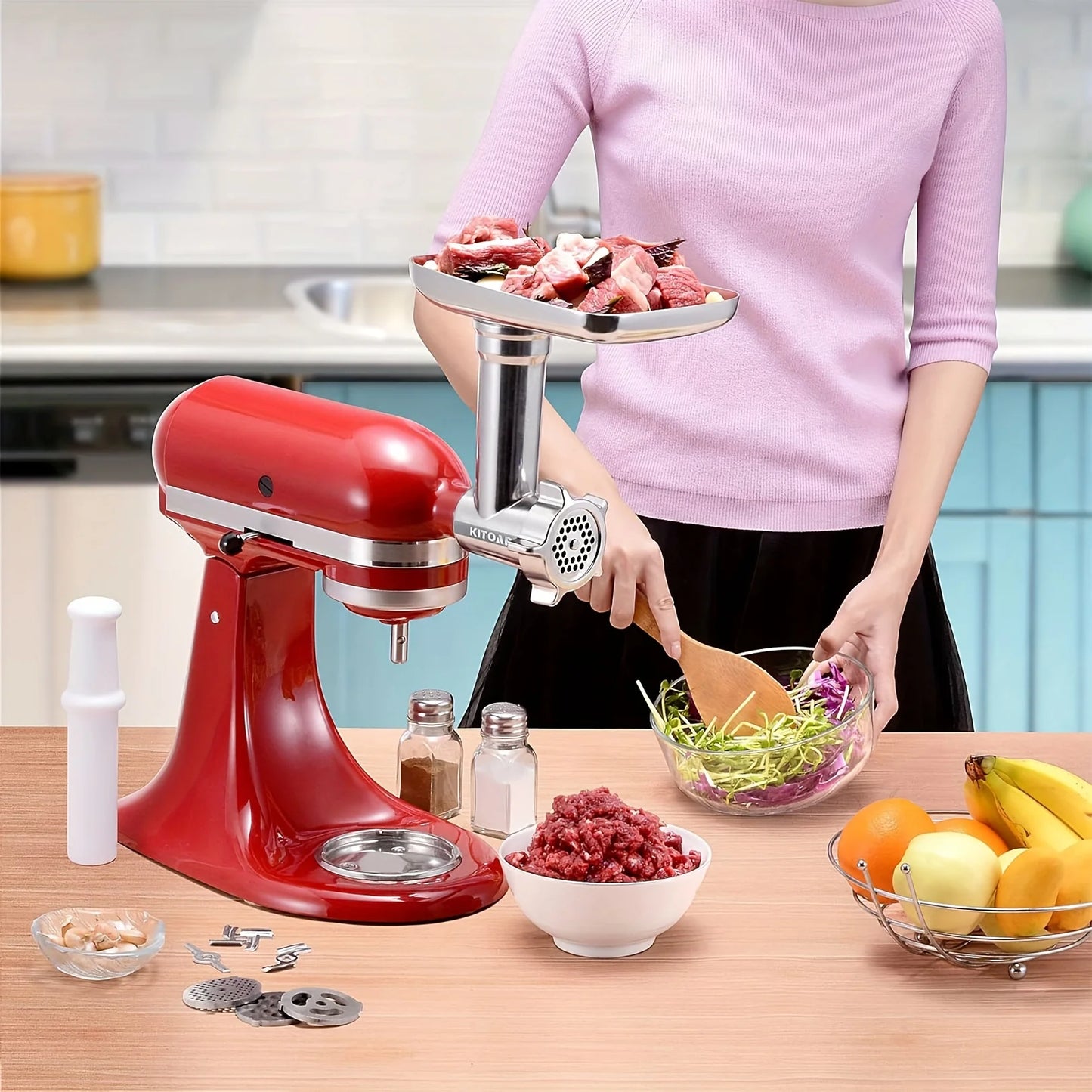 2 in 1 Electric Metal Food Grinder + Stand Mixers Base + Accessories Mince Sausages Maker for Kitchen Aid Meat Grinders, Sausage Fillers, Perfect Mixer Home Hotels Restaurants Kitchenware Supplies