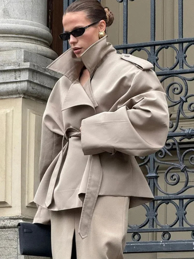 2 Colors UK Size Solid Lace Up Trench Coat Women Fashion Full Sleeve Waist Cinching Short Windbreak New Autumn Office Commute Outwear