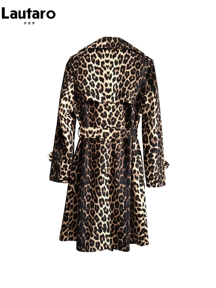 Lautaro Spring Autumn Long Stylish Leopard Print Trench Coat for Women Belt Double Breasted Casual Luxury Designer Clothes