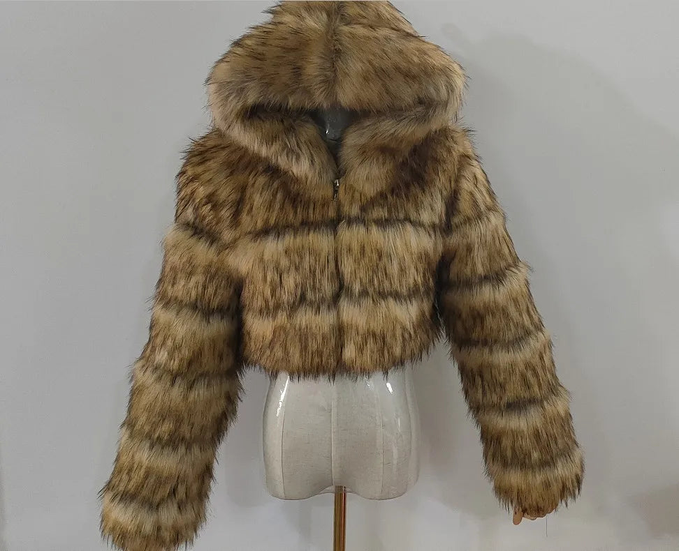 NEW Arrivals S-3XL Coffee/Dark Gray/Black Fashion Women Environmental Red Faux Fox Fur Coat with Hood Thick Warm Full Pelt Fake Fur Jacket Short Winter Woman Fur Coat Ladies Girls Luxury Fashion Clothing Supplies