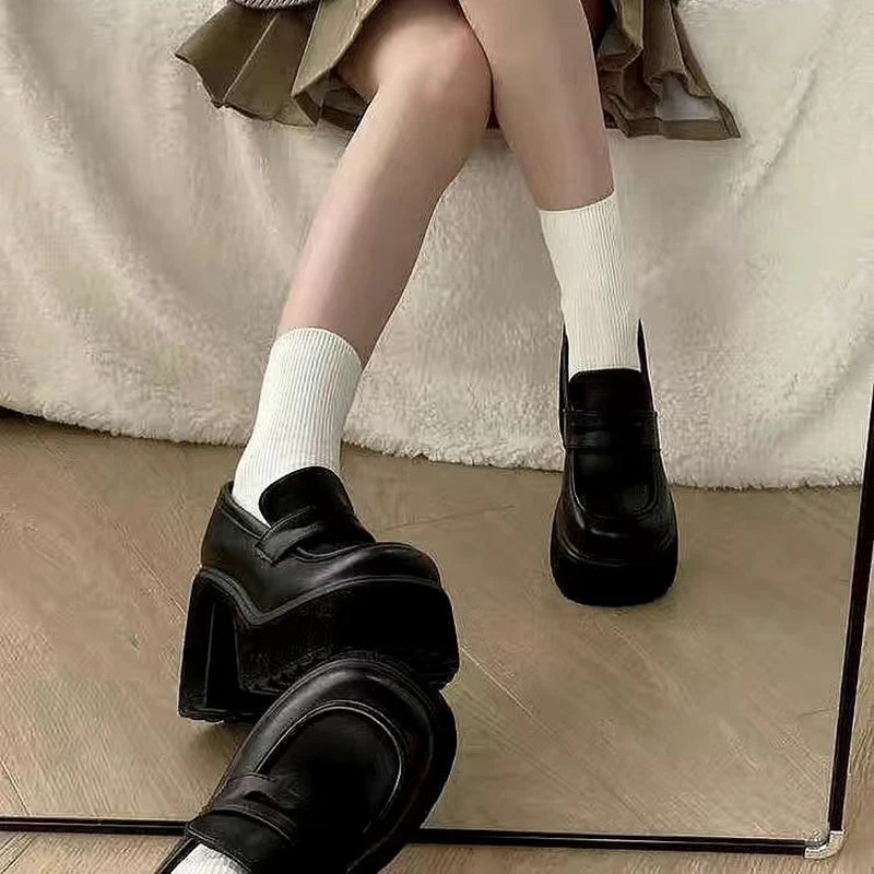 Leather Women's Platform Loafers Gothic Black Chunky High Heels Pumps Woman Preppy Style Jk Uniform Shoes Mujer