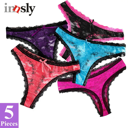 Set of 5 Women's Lace Thongs Sexy G-String Panties with Transparent Floral Design Low-Rise Cotton Crotch Briefs T-Back Kit