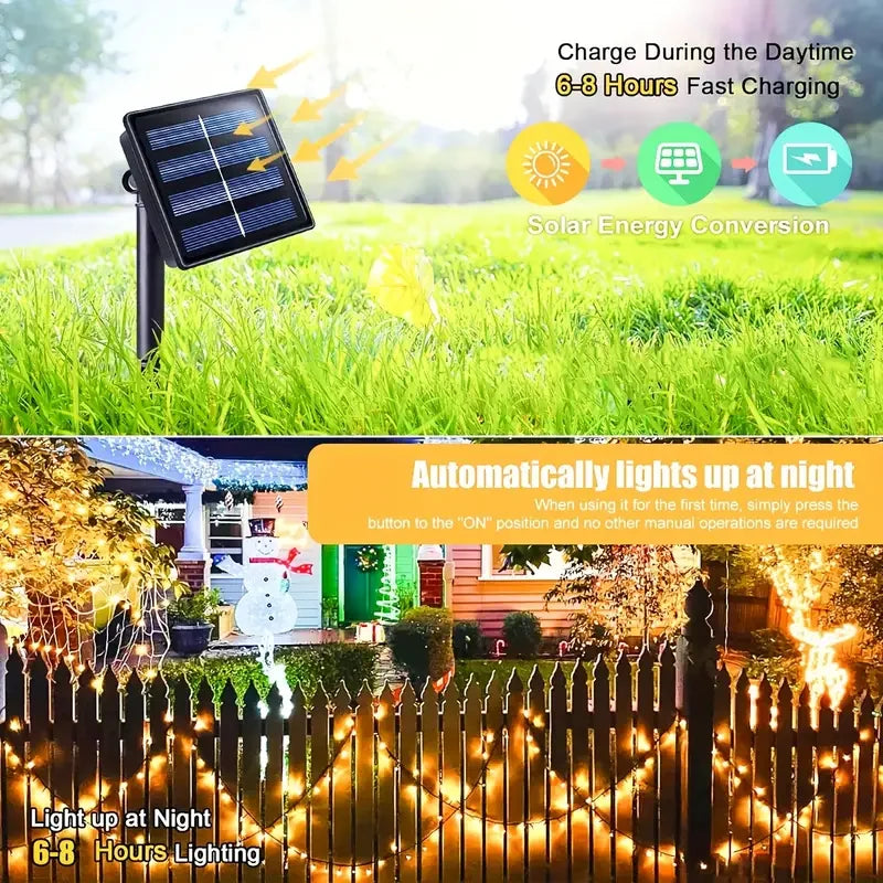 NEW Arrivals 12M-100LED Solar Powered LED String Lights for Outdoor Christmas Garden Patio Balcony 8 Lighting Modes Waterproof Flickering Effect Light Christmas New Year Eve Accessories Supplies