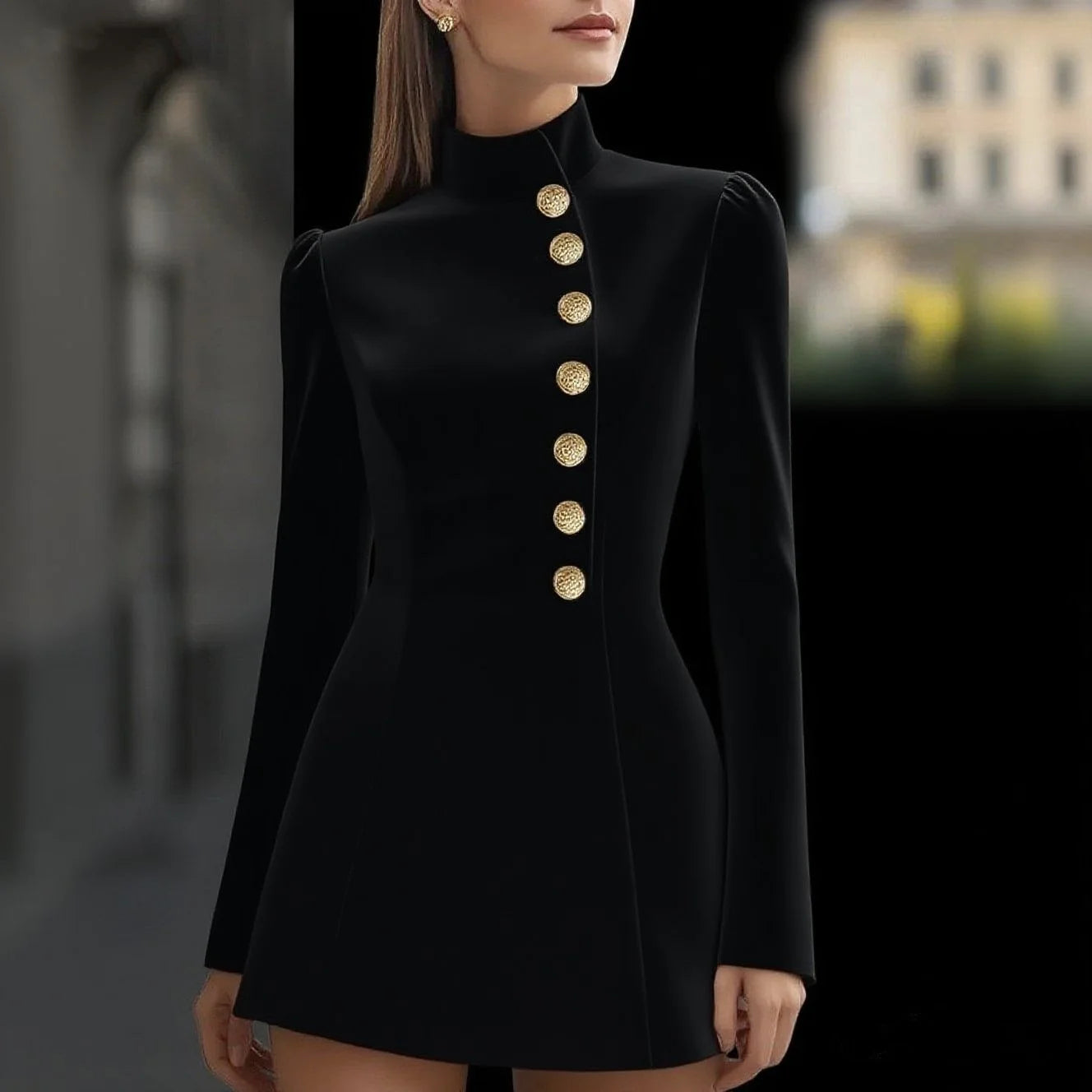 Black/White/Pink Color S-2XL UK Size Elegant Stand Collar Single-Breasted Slim Fit Long Sleeve Mini Dress