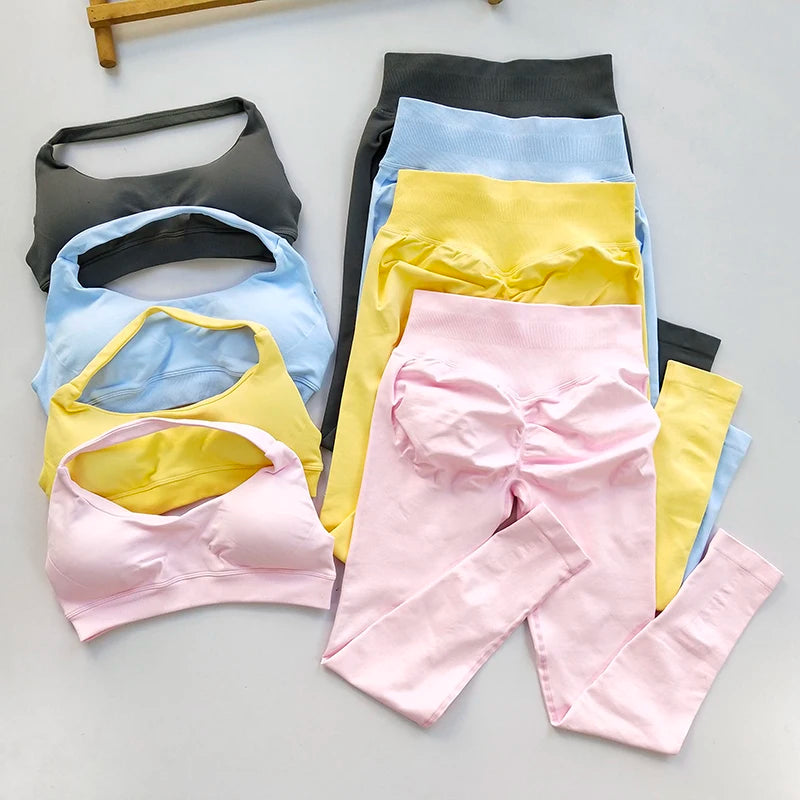 2 PCS Set 12 Colors Sports Suit Women's Running Seamless Yoga Thin Straps Beautiful Back Fitness Bras Gym High-waisted Peach Leggings Sets