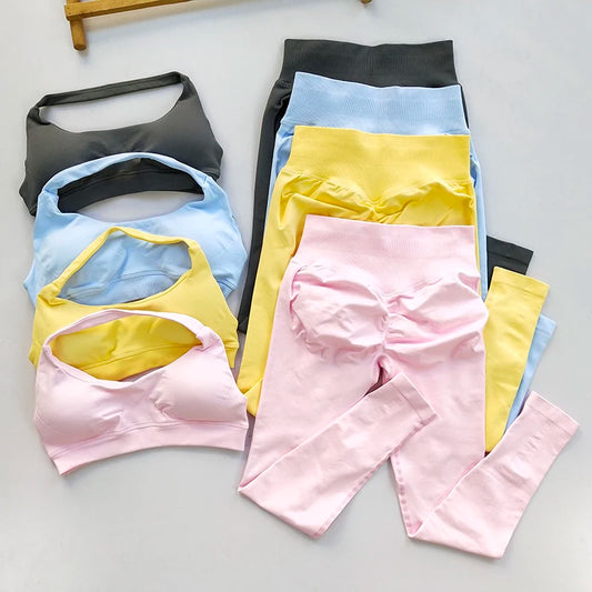 2 PCS Set 12 Colors Sports Suit Women's Running Seamless Yoga Thin Straps Beautiful Back Fitness Bras Gym High-waisted Peach Leggings Sets